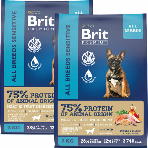 BRIT PREMIUM DOG ADULT SENSITIVE для взрослых собак всех пород с чувствительным пищеварением с лососем и индейкой (3 + 3 кг) brit premium dog adult sensitive для взрослых собак всех пород с чувствительным пищеварением с лососем и индейкой 1 1 кг