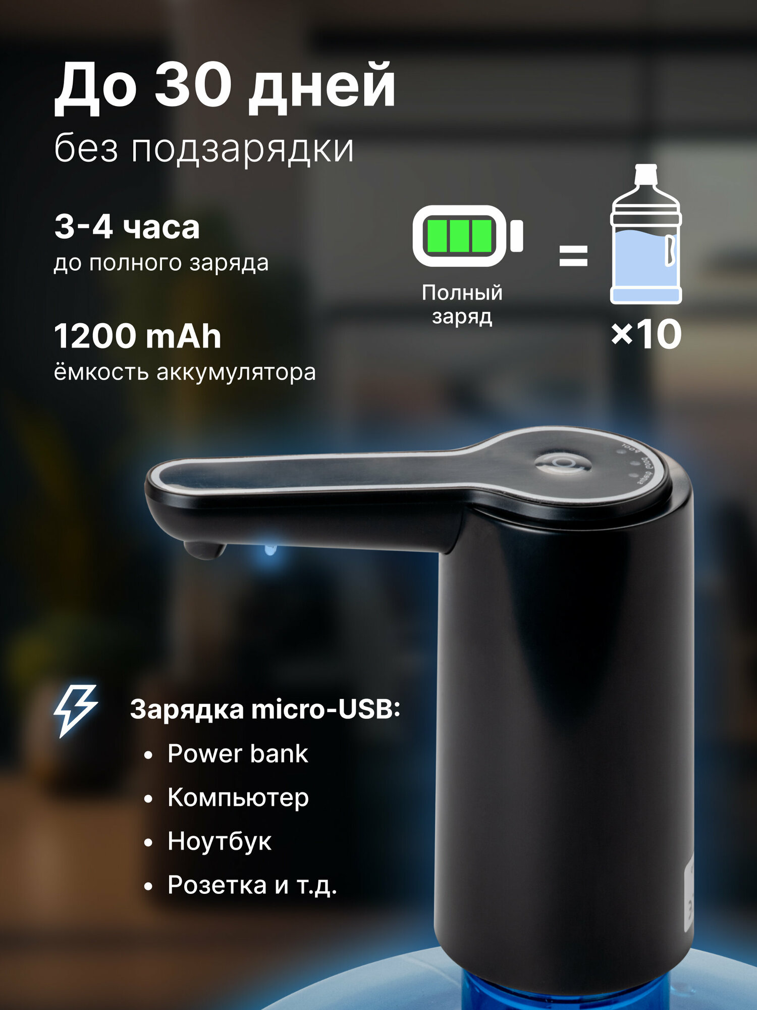 Помпа для воды LESOTO Black Электрическая аккумуляторная USB-помпа (насос)