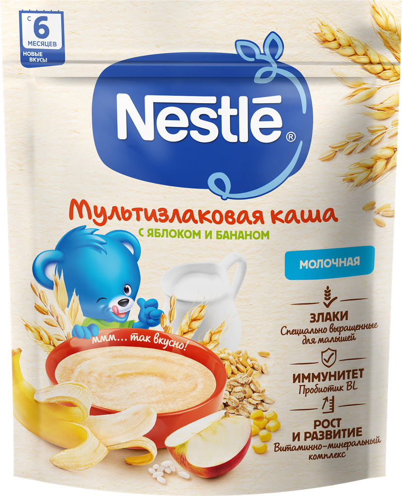 Каша мультизлаковая NESTLE молочная, с яблоком и бананом, с 6 месяцев, 200г