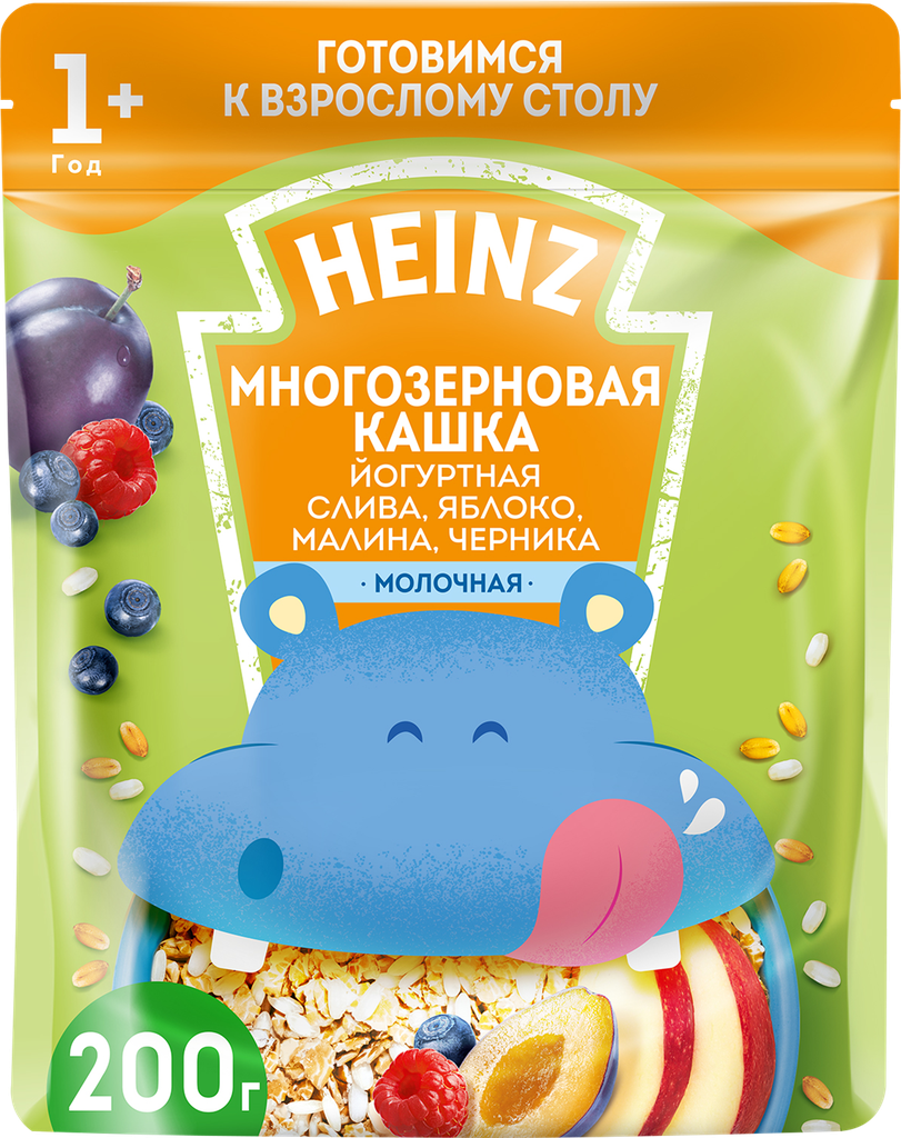 Каша многозерновая йогуртная HEINZ Любопышки, молочная со сливой, яблоком, малиной и черникой, с 12 месяцев, 200г