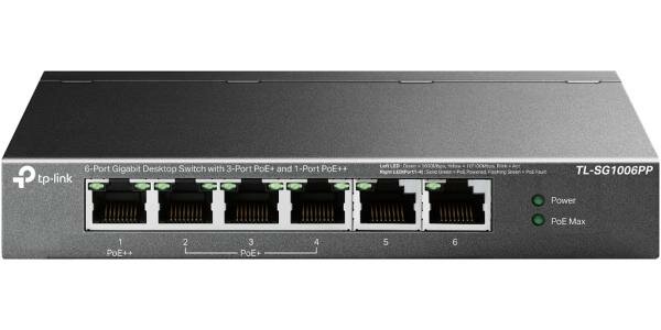 TP-Link TL-SG1006PP, Настольный коммутатор с 6 гигабитными портами (3 порта PoE+, 1 порт PoE++), 802.3af/at/bt 3-го типа, бюджет PoE — 64 Вт, стальной