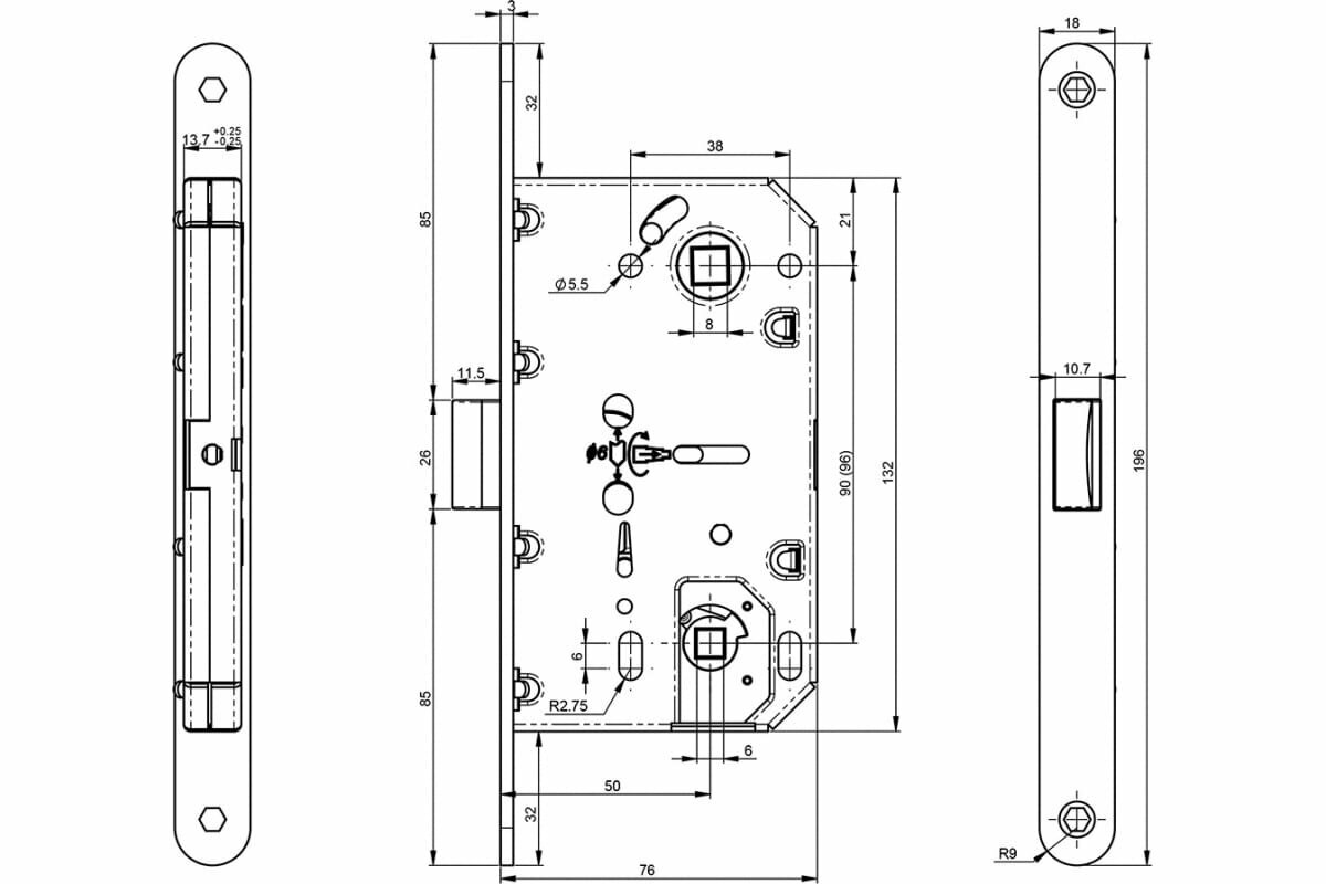 Корпус замка DOORLOCK DL432/50 WC96 MCR матовый хром реверсивный пластиковая защелка 75323 16167345