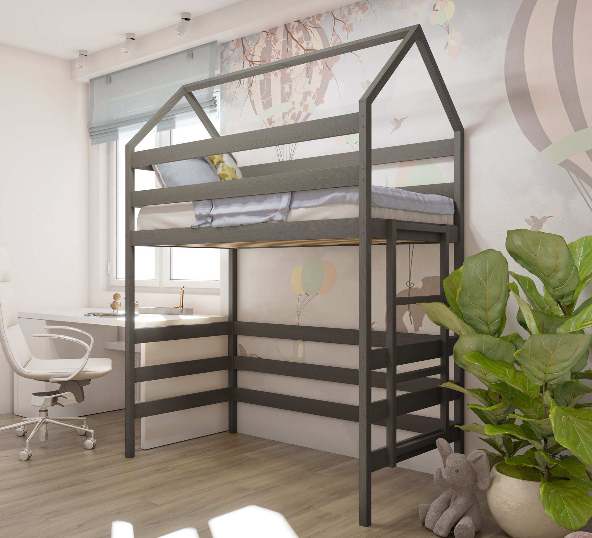 фото Кровать детская, подростковая "Чердак", спальное место 160х80, Масло "Графит", из массива