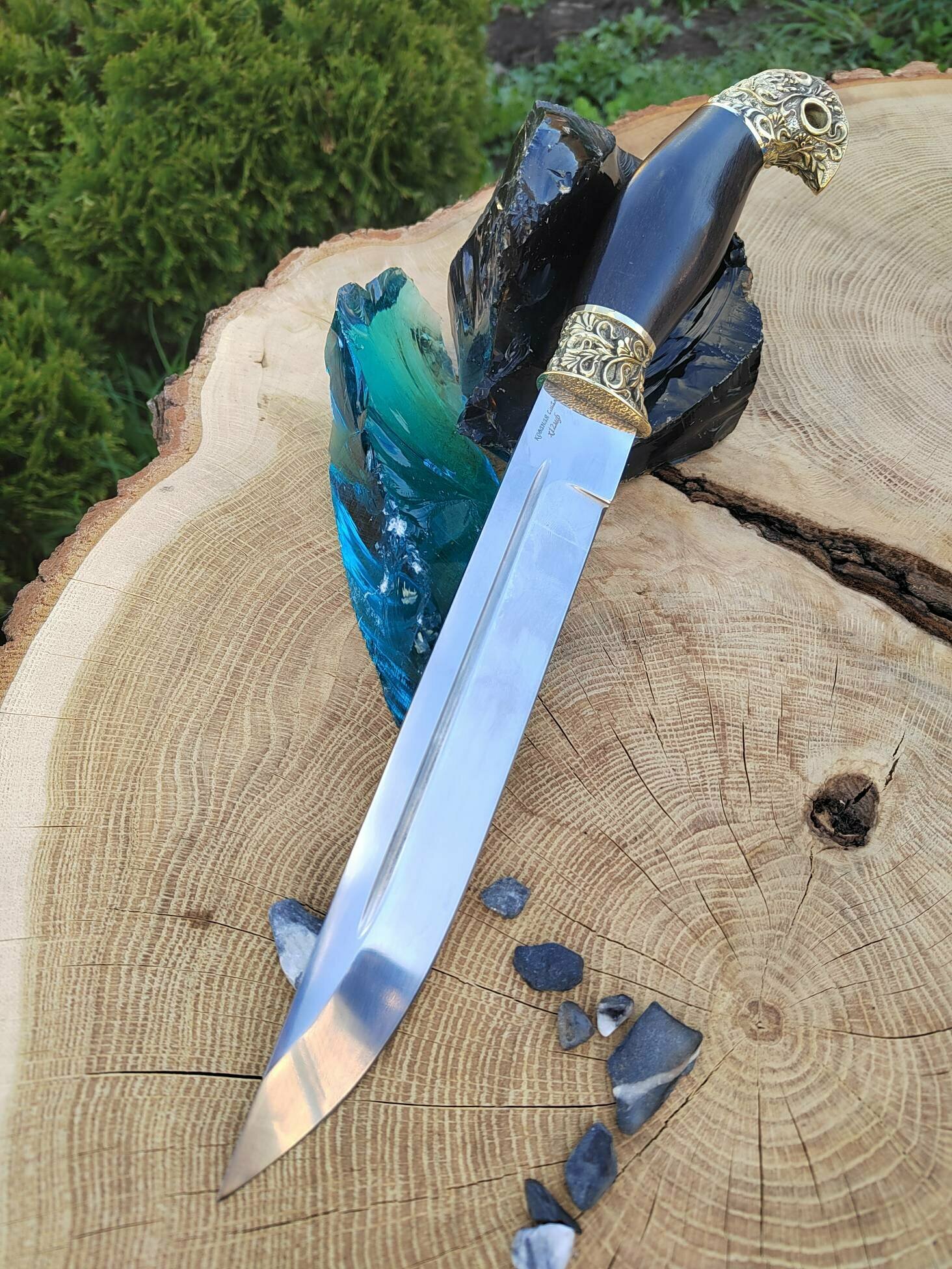 Нож Пластунский казачий кованый, авторский, туристический, охотничий из кованной стали х12мф с кожаным чехлом