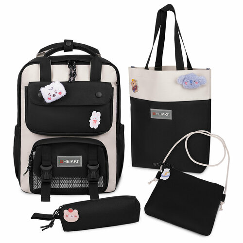 Рюкзак Heikki Combo (хейки), сумка-шоппер, косметичка, пенал В Подарок, бело-черный, 42х30х14 см,272565