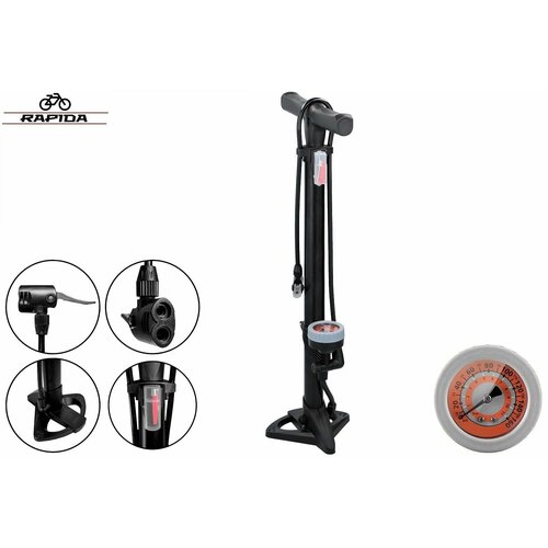 Насос RAPIDA напольный, алюминиевый, 600 мм, с манометром, универсальный, двойная головка A/V, F/V, Мax 110psi (8 бар), комплект переходников.