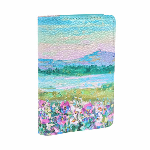 фото Обложка для паспорта eshemoda обложка на паспорт с принтом eshemoda “цветущий луг”, натуральная кожа, бирюзовый 047552018, фиолетовый, розовый