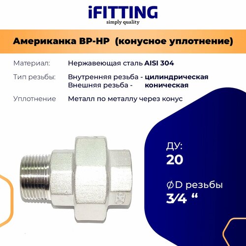 Американка из нержавеющей стали ДУ 3/4 (20 мм) нр-вр AISI304 конусное уплотнение