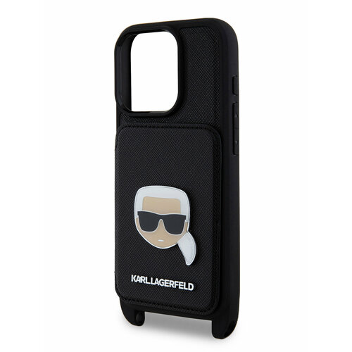 Lagerfeld для iPhone 15 Pro чехол Crossbody cardslot PU Saffiano Metal Karl Head Hard Black