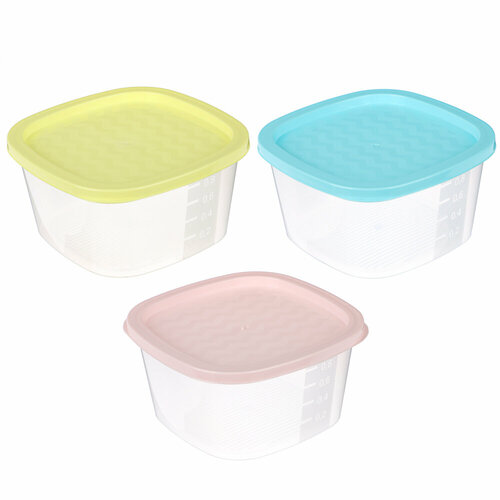3 Контейнера комплект для СВЧ с крышкой 09л пластик квадратные голубые и желтые 515₽