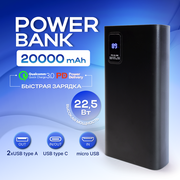 Повербанк (power bank) 20000mah с быстрой зарядкой, внешний аккумулятор для телефона iPhone, Xiaomi, Samsung, черный