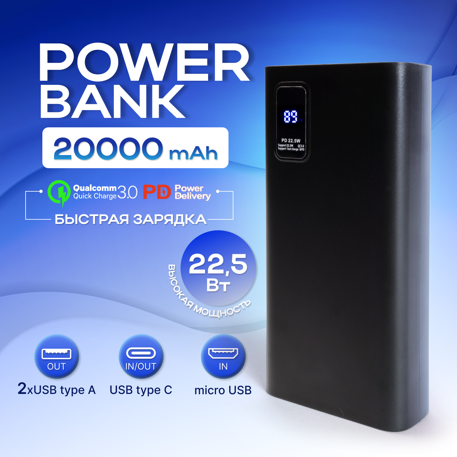Повербанк (power bank) 20000mah с быстрой зарядкой, внешний аккумулятор для телефона iPhone, Xiaomi, Samsung, черный