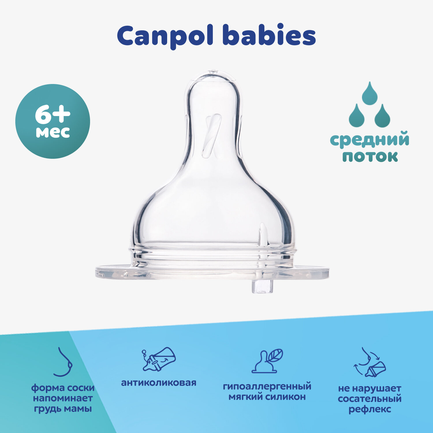 Соска для бутылочки Canpol babies, средний поток, широкое горлышко, от 6 мес