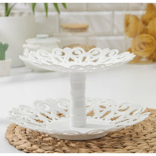 Фруктовница пластмассовая. Мелодия 2-х ярусная (средняя) белая М6618 /Окт/ 1/22