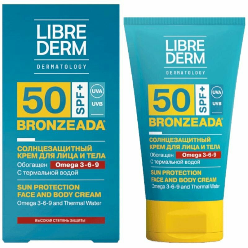 Крем Librederm Bronzeada SPF50 Солнцезащитный с Омега 3-6-9 и термальной водой для лица и тела, 150мл