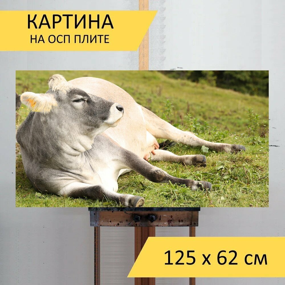 Картина на ОСП "Корова, пастбище, проплывающих" 125x62 см. для интерьера на стену