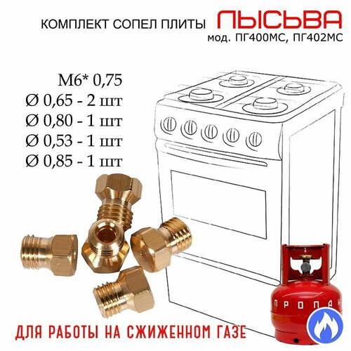 комплект жиклеров форсунок газовой плиты hansa сжиженный газ 1040316 Комплект жиклеров, форсунок газовой плиты Лысьва ПГ400МС, ПГ402МС под балонный, сжиженный газ