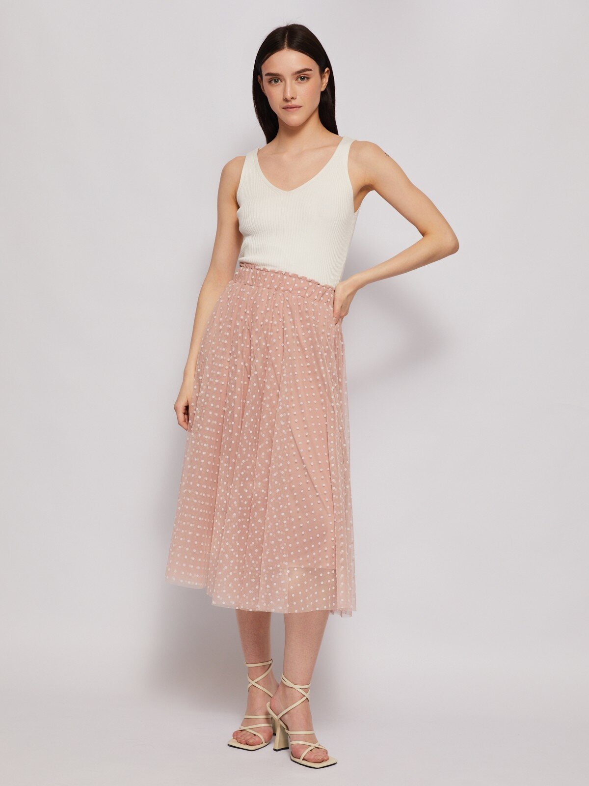 фото Юбка длины миди из полупрозрачной сетки в горошек, цвет Розовый, размер S 024227859063