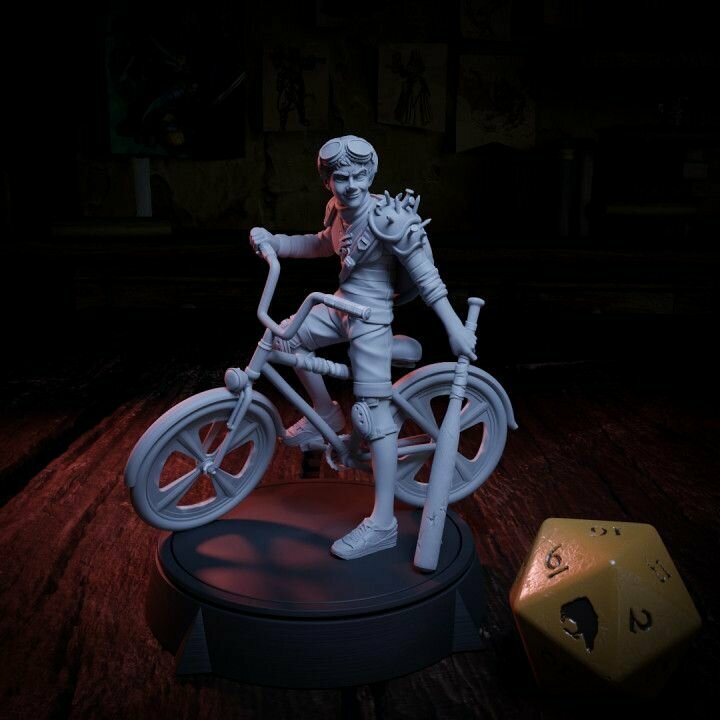 Джимми, мальчик с битой на велосипеде, миниатюра для игры в НРИ в масштабе 32 мм