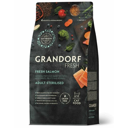 Сухой Беззерновой корм Grandorf Fresh с живыми пробиотиками. Для взрослых стерилизованных или пожилых кошек, со свежим филе лосося и бататом 400 г