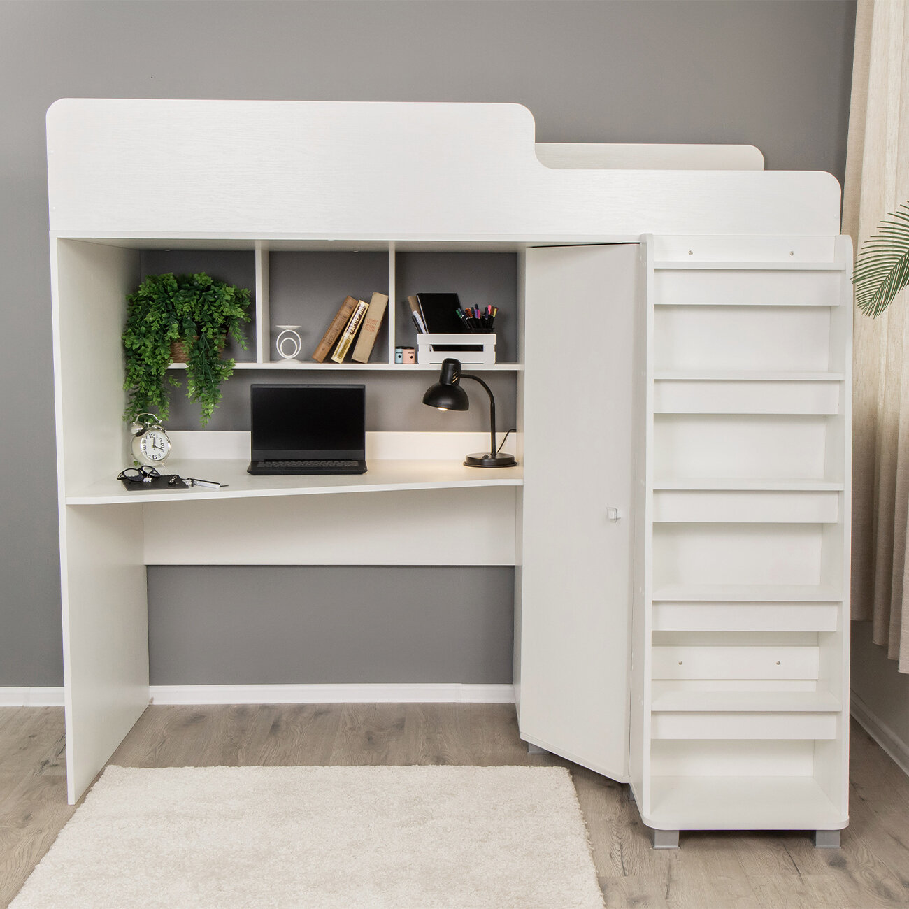 фото Кровать чердак детская Твист 2 с письменным столом и шкафом, 80х180 см, Белый текстурный