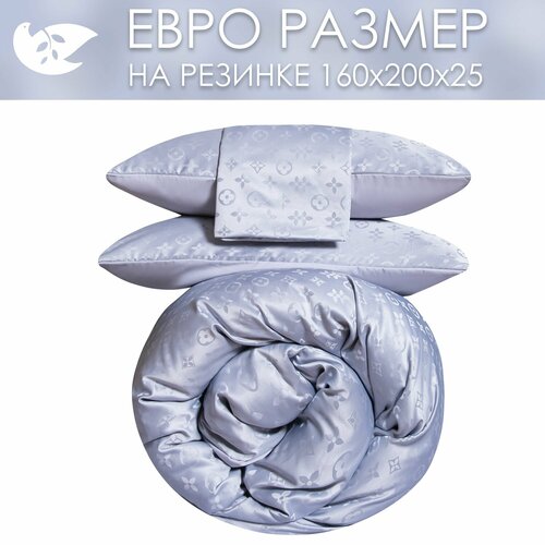 Постельное белье на резинке однотонное Евро голубое, сатин жаккард, на молнии, 2 наволочки 50x70 / Комплект постельного белья однотонный Евро 160 200 25, серо-голубое, размер евростандарт