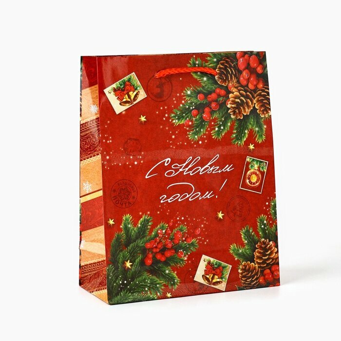 Подарочный пакет «Новогодняя история» MS 18 х 23 х 8 см красный для упаковки подарка на Новый год