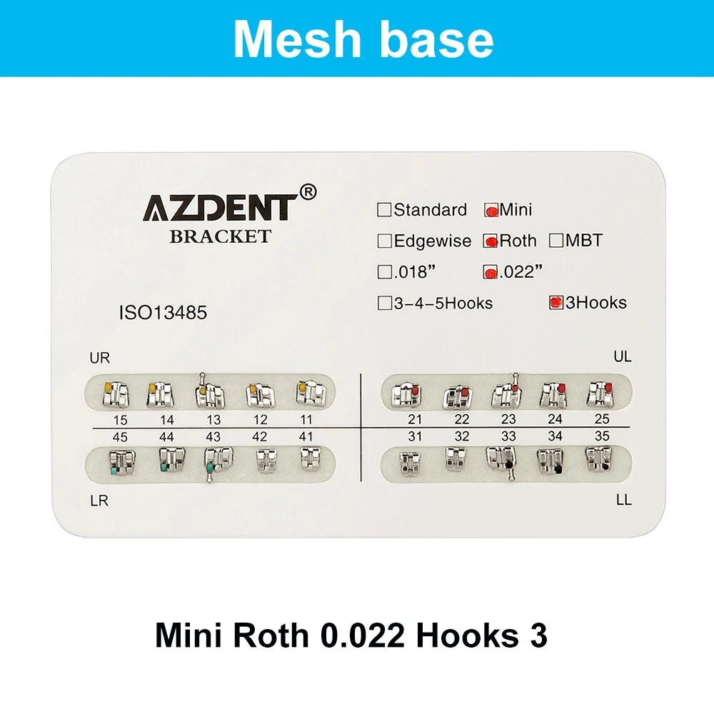 AZDENT Ортодонтические брекеты металлические 20 шт, Mini Roth 022 Hooks3