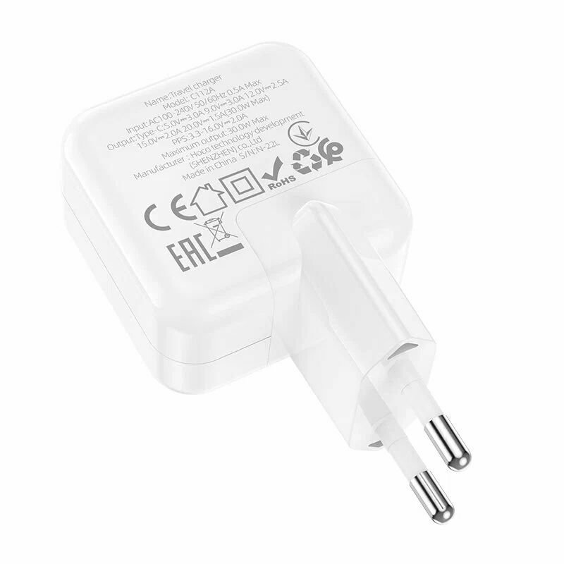Сетевое зарядное устройство HOCO C112A Advantage single port PD30W (белый) — фото 1