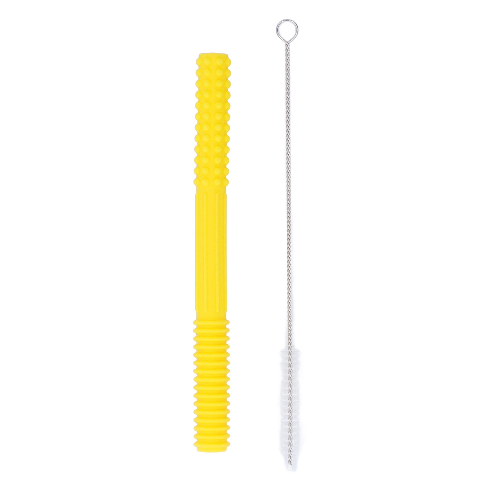 Baby Safe Hollow Teething Tube Toddlers Infant Soft Silicone Chew Toy with Cleaning Brush Yellow