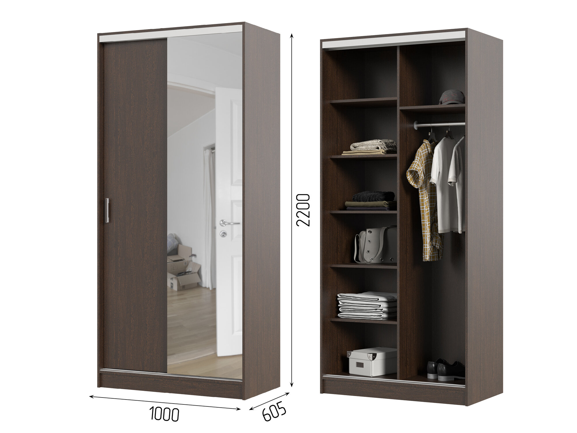 Шкаф-купе Альянс 10 м с зеркалом (1000*2200*610 мм) ЛДСП цвет Венге
