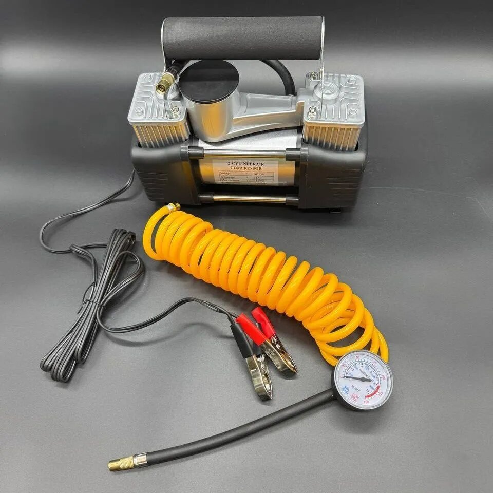 Компрессор мощный двухпоршневой TORNADO DC12V 300Вт 23А 12В, насос автомобильный двухцилиндровый электрический, от аккумулятора для колес и шин автомобиля — фото 1