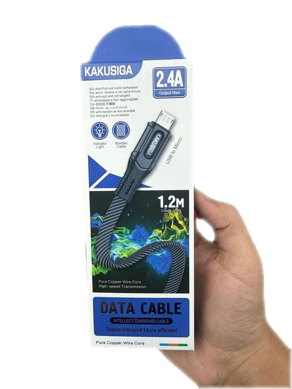 Кабель KAKUSIGA "Indicator", для USB-micro, быстрозажимной, 2.4A, черный, 1 м — фото 1