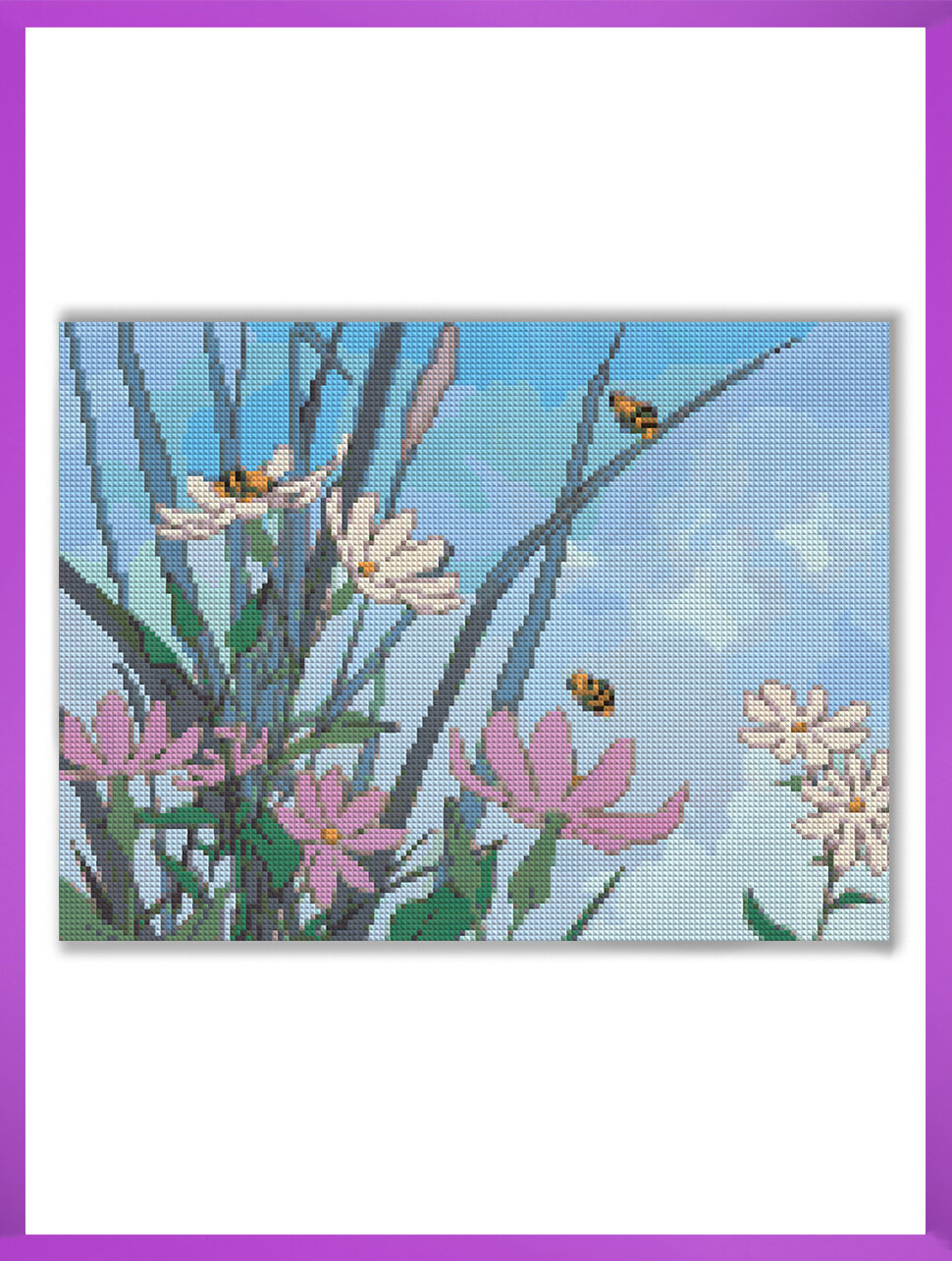 Алмазная мозаика на подрамнике - вышивка - Цветы и пчёлки 30 х 40 см