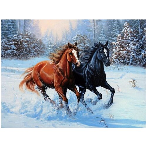 Алмазная мозаика 40x50 см. на холсте с подрамником (картина стразами, алмазная вышивка) Пара лошадей в зимнем лесу 40x50 см.