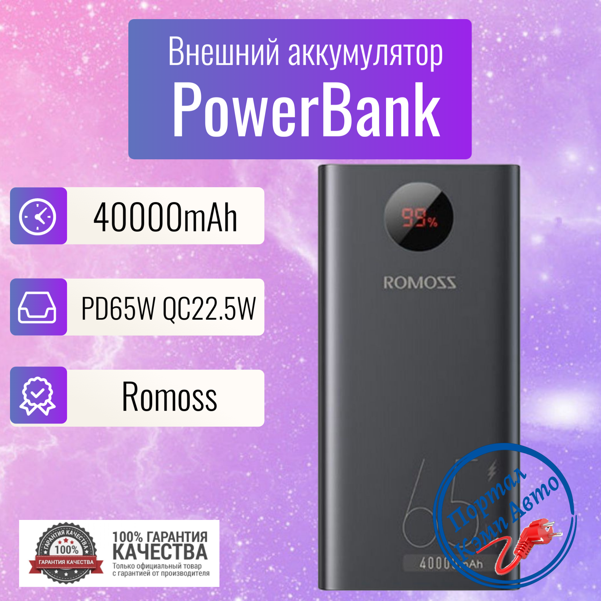 Power Bank внешний аккумулятор повербанк 40000 мАч 22,5 W PD 65W ROMOSS