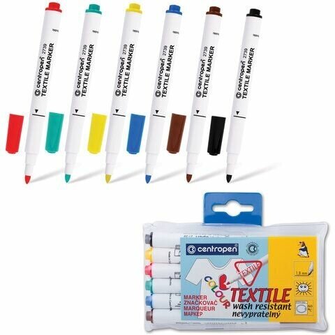 Маркеры для ткани 6 цветов CENTROPEN "Textile Marker", круглый наконечник, 1,8 мм, 2739/6, 5 2739 0610