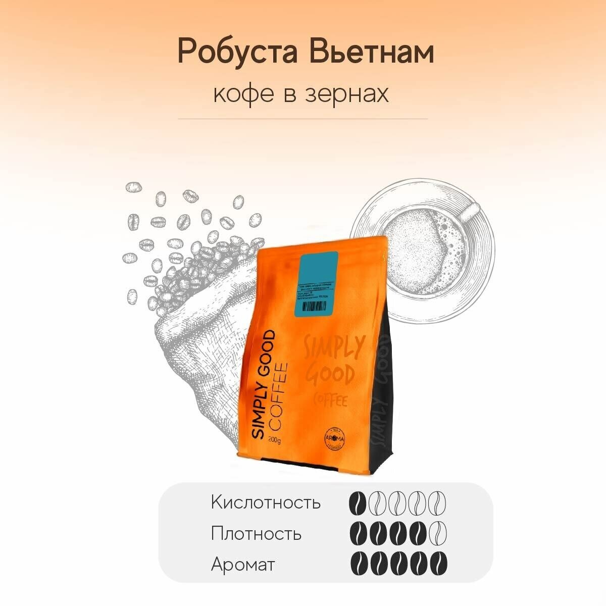 Кофе в зернах Робуста Вьетнам, 200гр