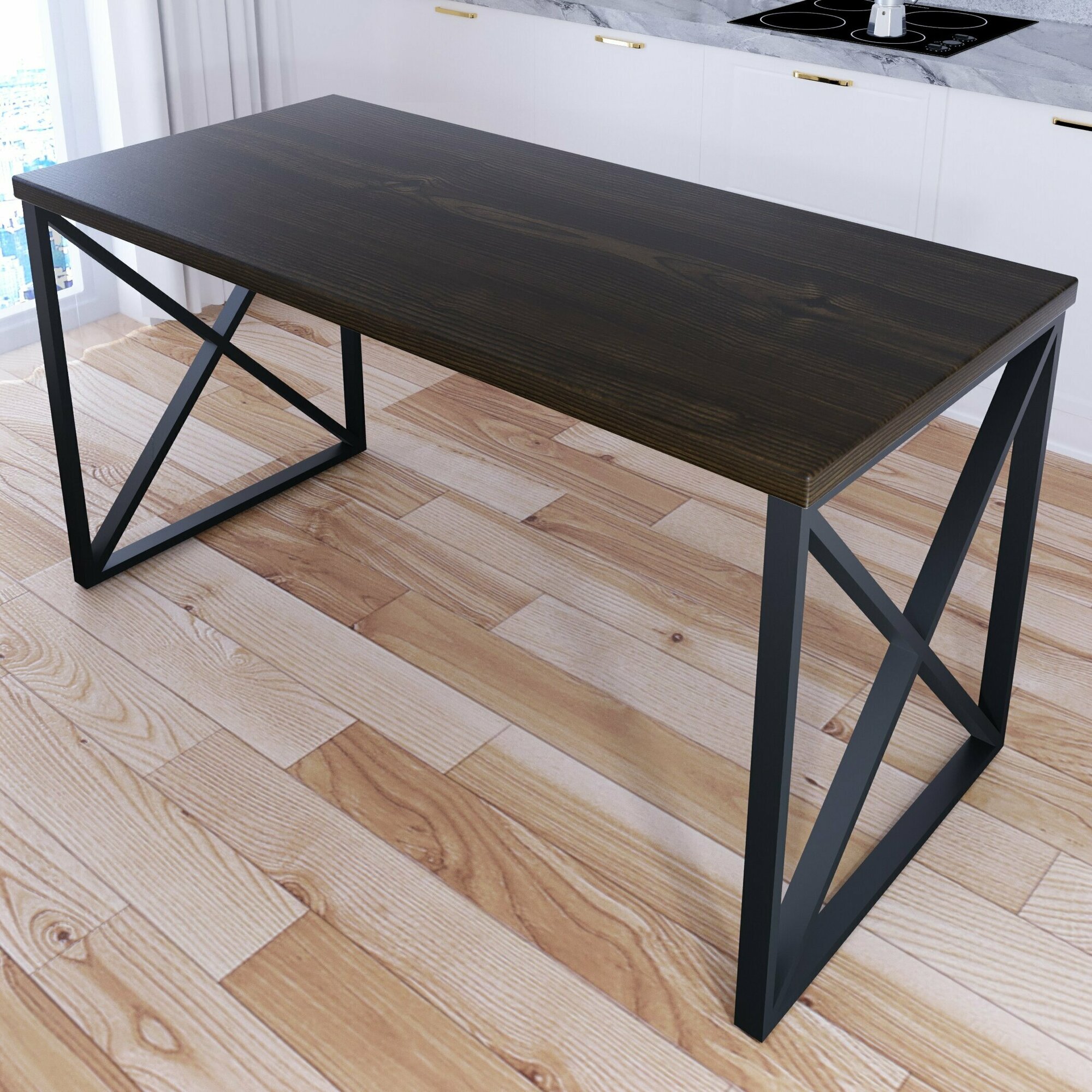 Стол кухонный Loft со столешницей цвета темного дуба из массива сосны 40 мм и черными металлическими крестообразными ножками, 140х80х75 см