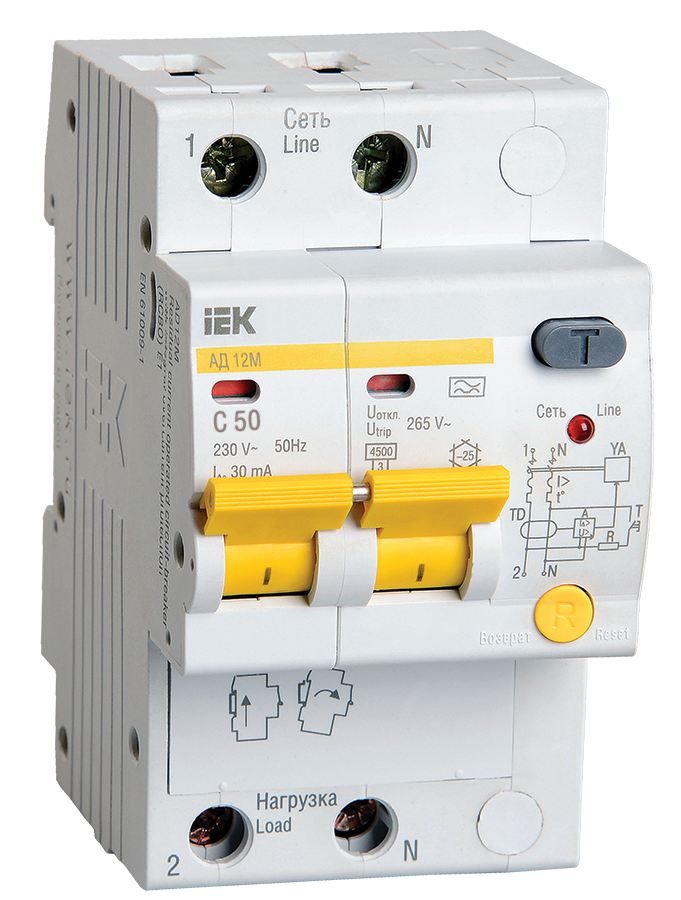 Выключатель автоматический дифференциального тока 2п C 50А 30мА тип A 4.5кА АД-12М IEK MAD12-2-050-C-030 ( 1шт. )