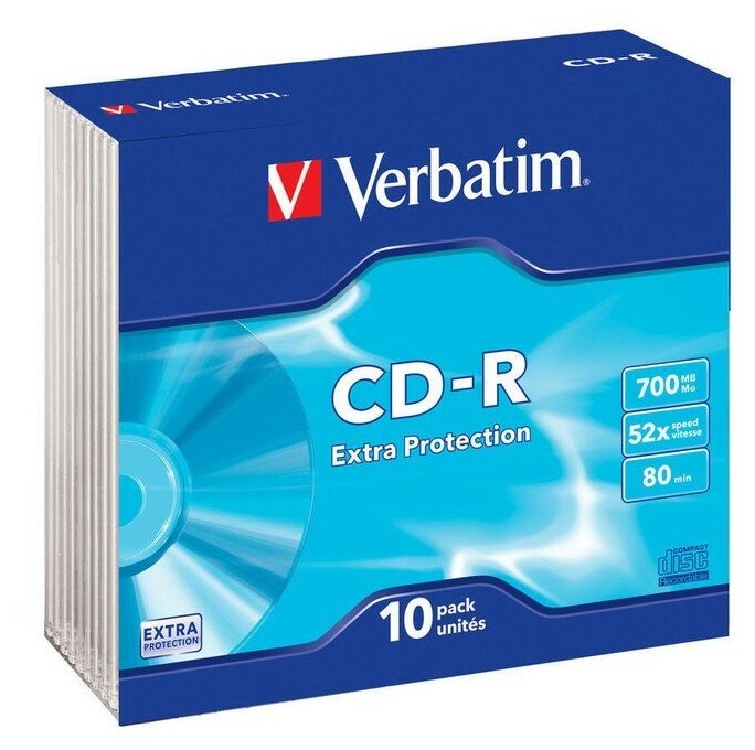 Оптический диск CD-R VERBATIM 700Мб 52x, 10шт, slim case [43415]