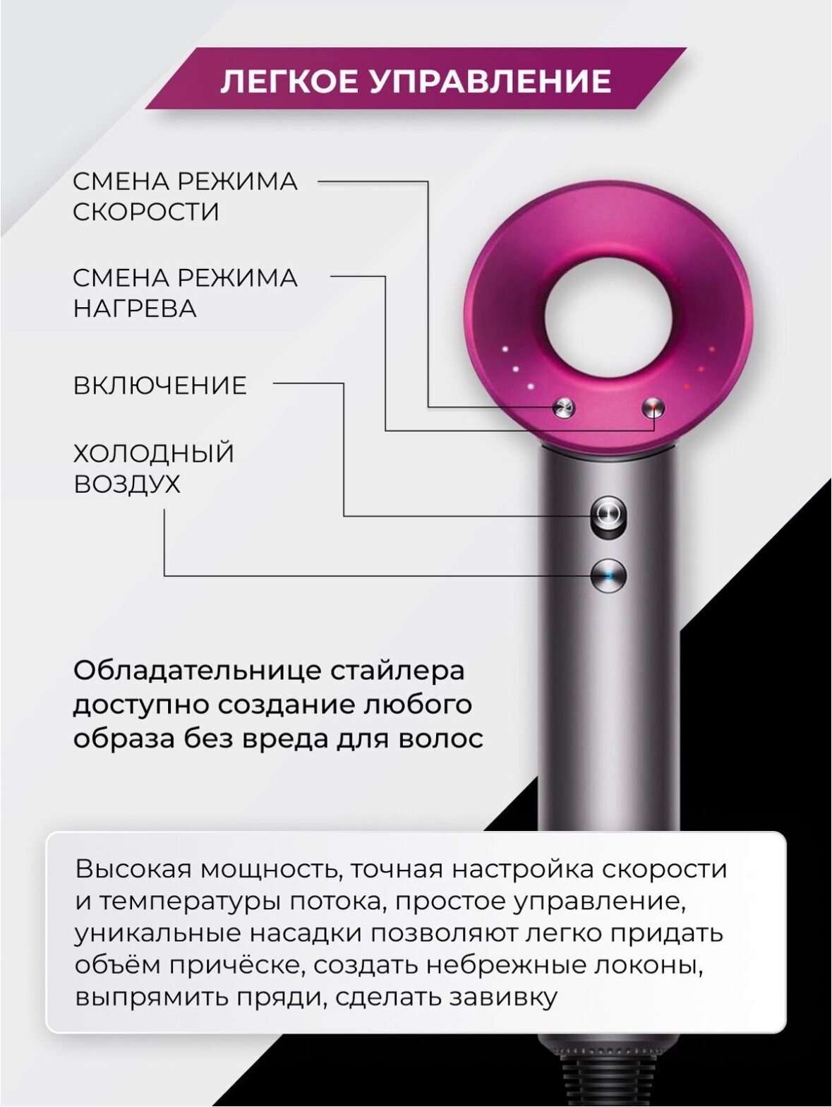 Профессиональный фен с ионизацией 1600 Вт Фен для волос 5в1 розовый - фотография № 8