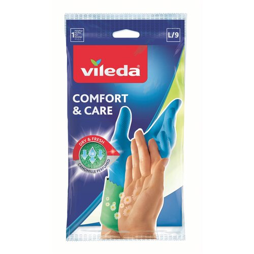 фото Перчатки vileda comfort & care с кремом для чувствительной кожи, 1 пара, размер l, цвет голубой