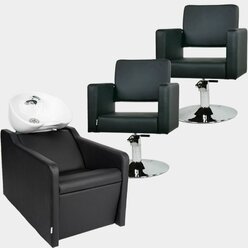 Парикмахерский комплект "Groy", Черный, 2 кресла гидравлика диск, 1 мойка глубокая белая раковина