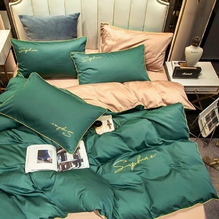 Постельное белье комплект однотонный жатка 1,5 спальный наволочки 70*70 зелено-бежевый - фотография № 4