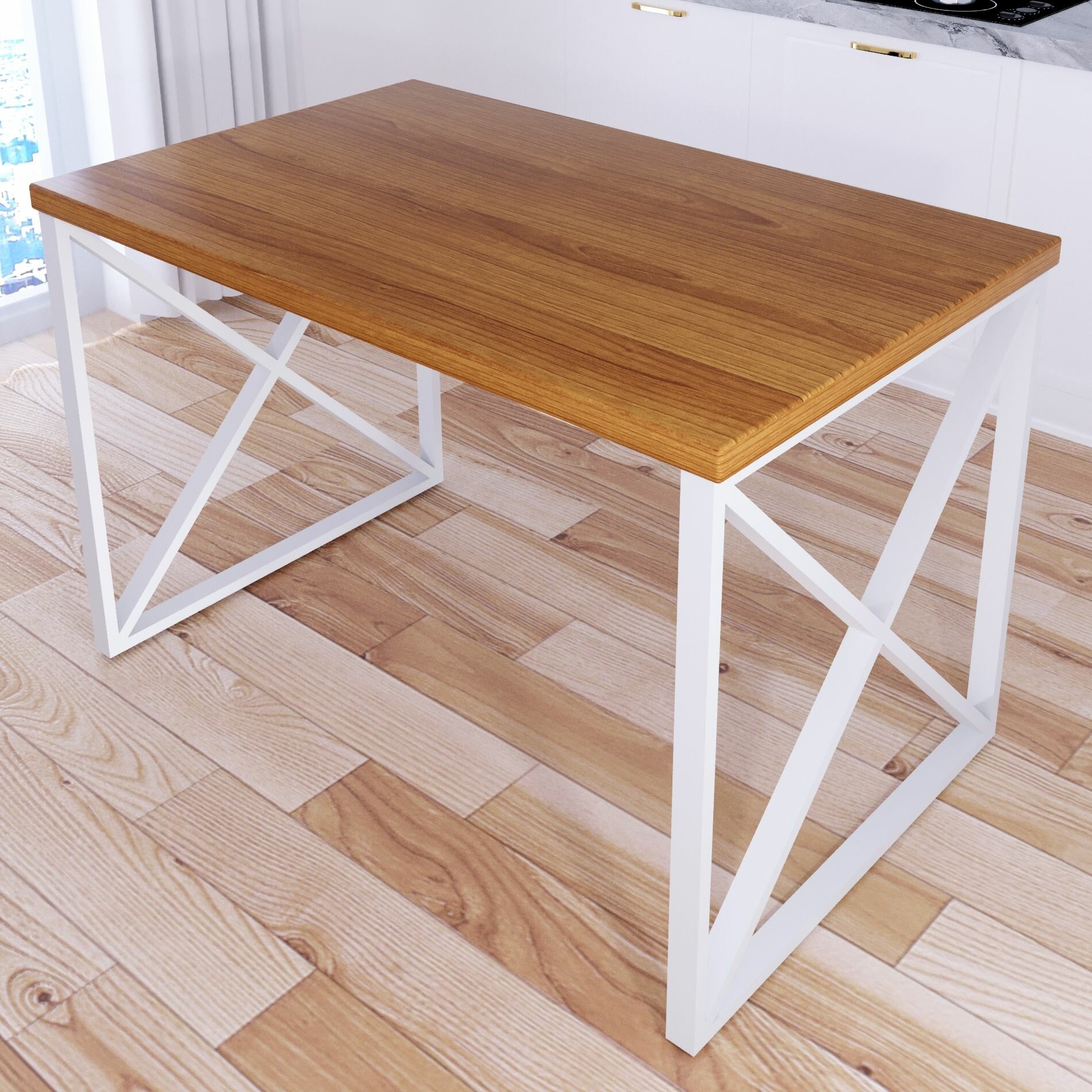 Стол кухонный Loft со столешницей цвета ольхи из массива сосны 40 мм и белыми металлическими крестообразными ножками 140х60х75 см