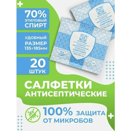 Асептика Спиртовые салфетки 135х185мм 20шт антисептические антибактериальные