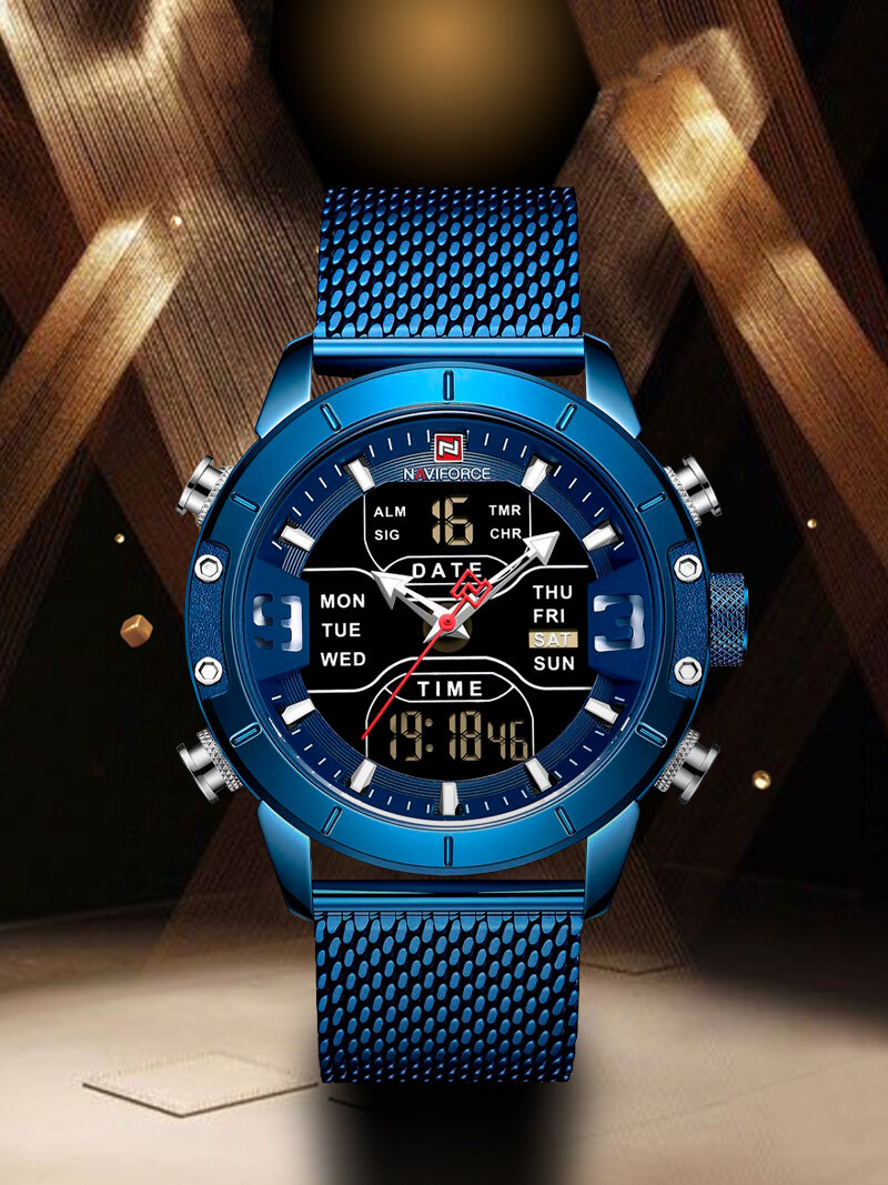 Часы наручные мужские электронные кварцевые Naviforce с таймером и подсветкой, круглые, синие