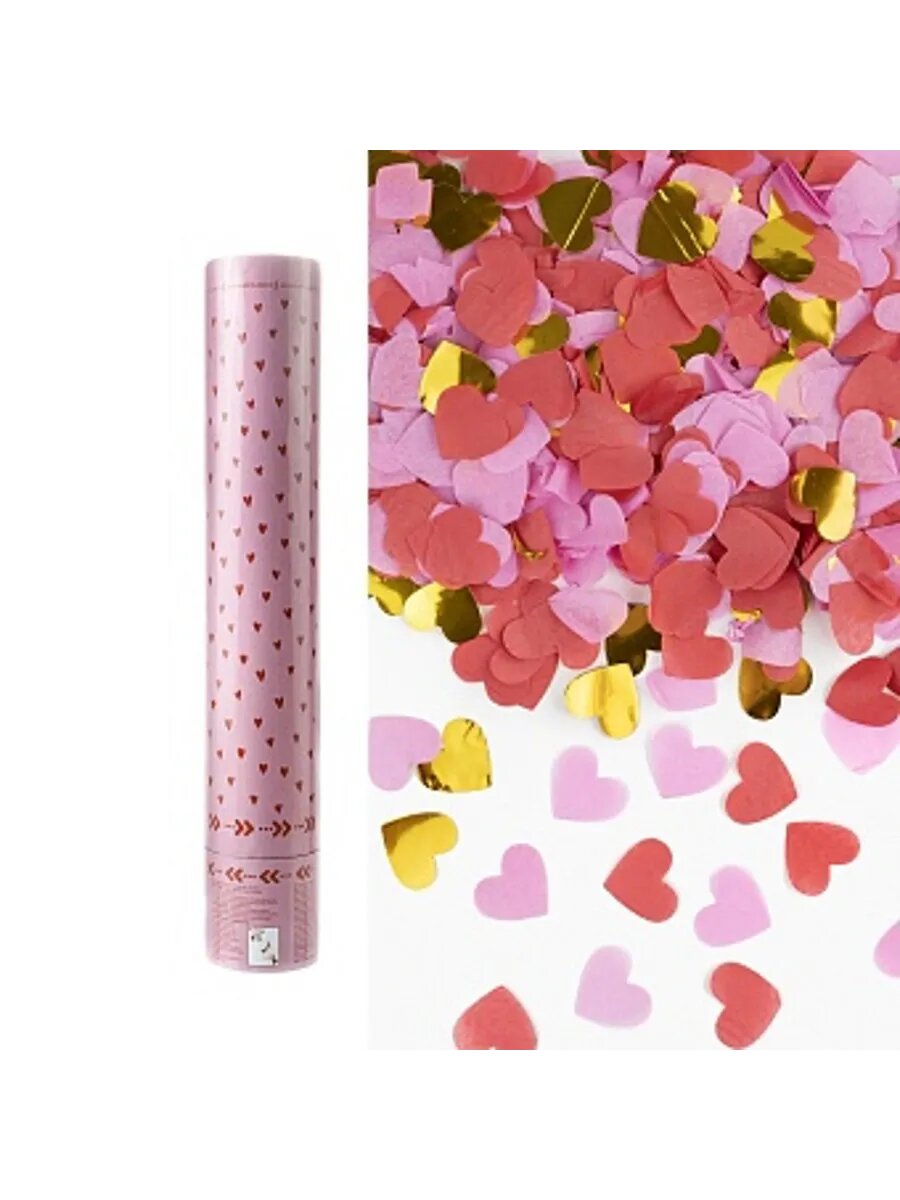 1шт. Пневмохлопушка (12/30 см), Сердца фольга и тишью, Красн