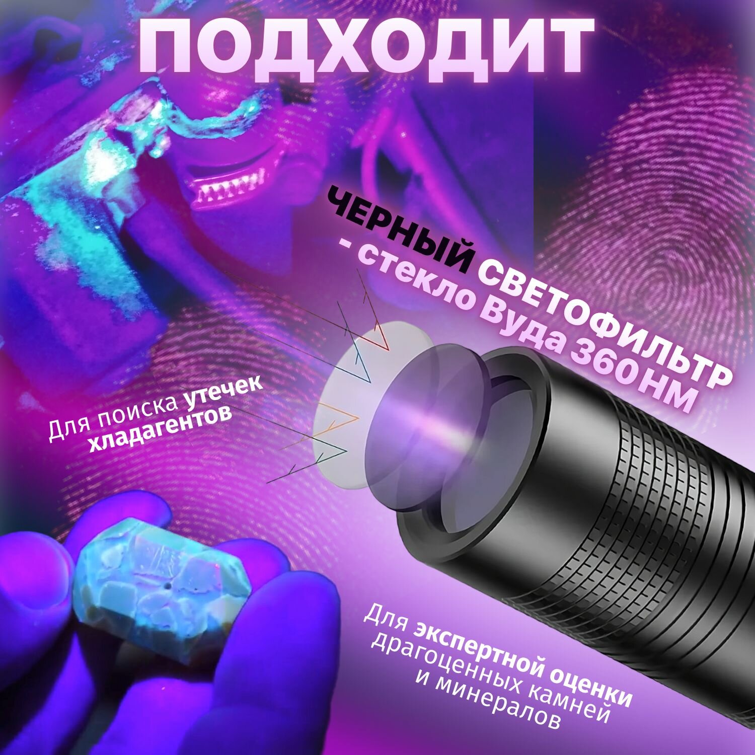 Ультрафиолетовый фонарик на аккумуляторе, компактный УФ фонарь, стекло Вуда — фото 1